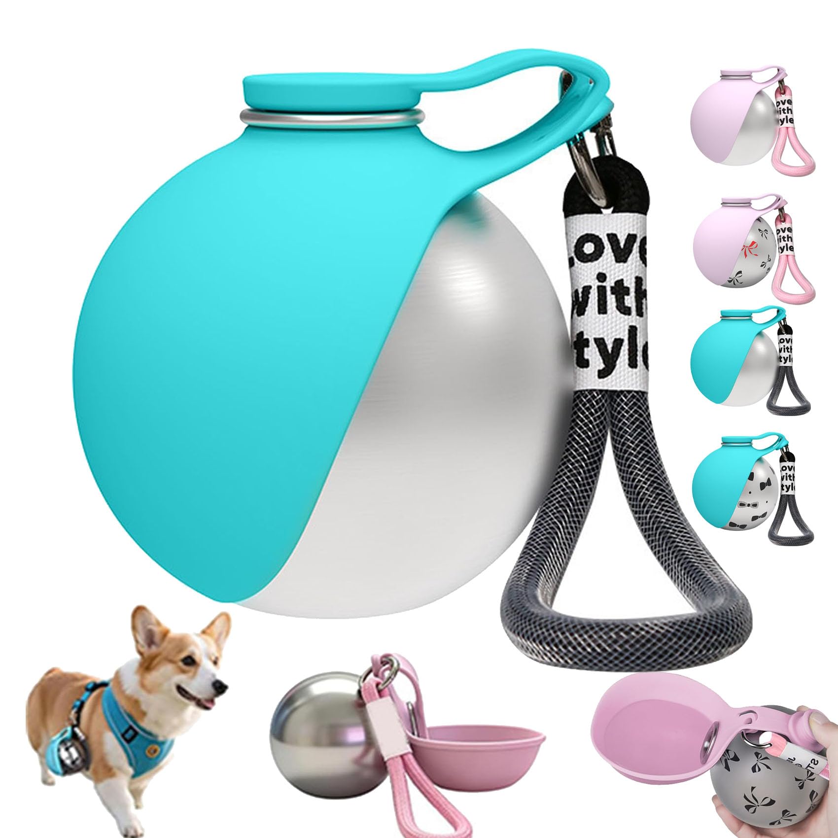 Botella de Agua para Perro 2 en 1, Bebedero para Perro Portatil de Acero Inoxidable 285 ml con Cuenco de Silicona Plegable, Antifugas para Paseos, Viajes y Senderismo (Azul-A)