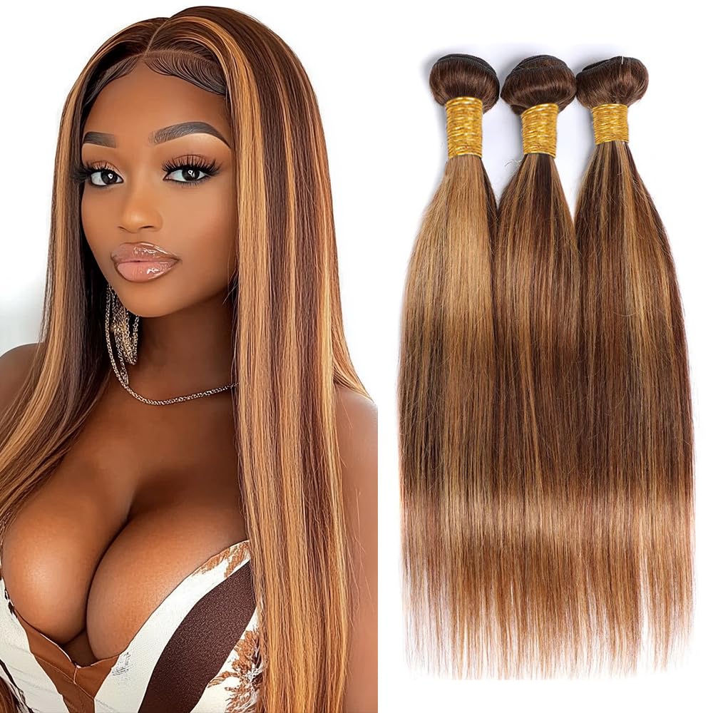 Photo 1 of Biliisyff Color P4/27 Highlight Human Hair Bundles Ombre Straight Human Hair Brazilian Virgin Blonde Straight Hair Extensions 2 Tone Brown and Honey Blonde Bundles ?8 10 12 Inch?