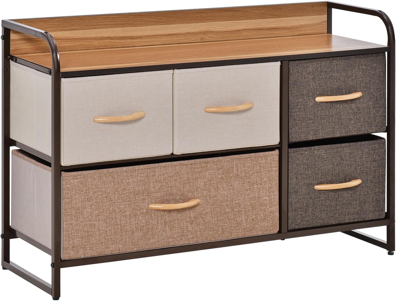 5-Drawer Cabinet, Fabric of Drawers, 2-Tier Storage for Home Entryway, Tower Unit with Steel Frame Wooden Top, Maple Wood
