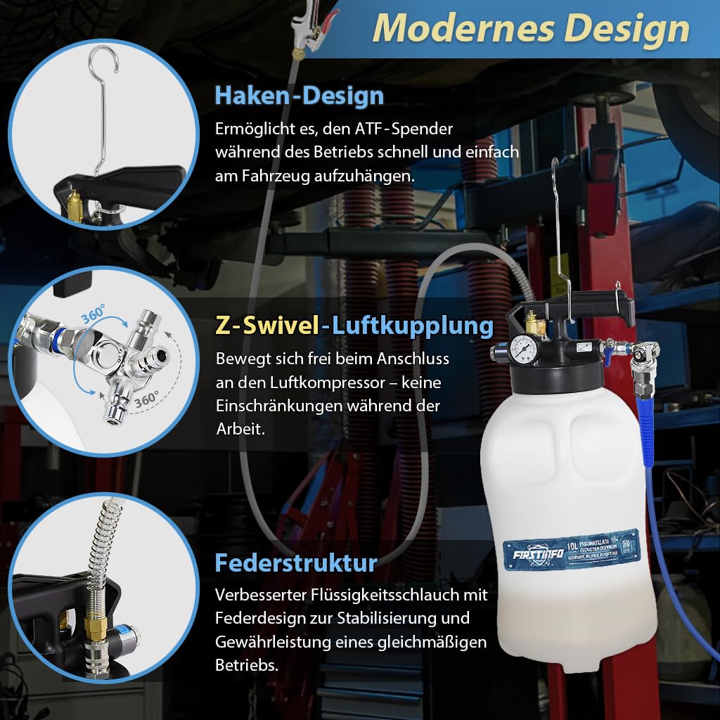 FIRSTINFO 10L Pneumatisches ATF Getriebeöl Befüll- und Absauggerät, 2-in-1 Getriebeöl Wechselgerät mit 14 ATF Adaptern, Druckluft Ölfüllgerät für Automatikgetriebe Werkstatt A1135NEU