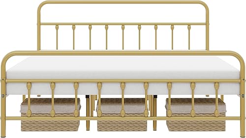 Miniatura 144 de Topeakmart Marco de cama de metal de estilo victoriano tamaño matrimonial con cabecero, base de colchón, no necesita somier, almacenamiento debajo