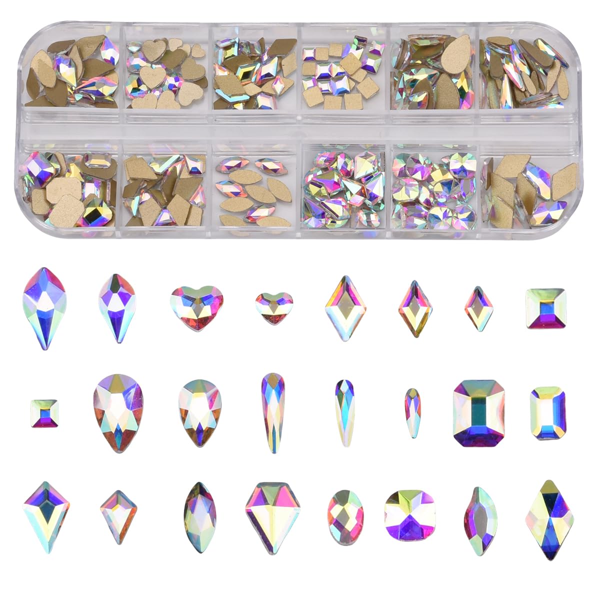 Photo 1 of 240pcs Popular 12 Styles Flatback Crystals Mix Sizes Multi Shapes Glass Crystal AB Rhinestones for Nail Art Craft 3D Decorations Flat Back Stones Gems Set Box