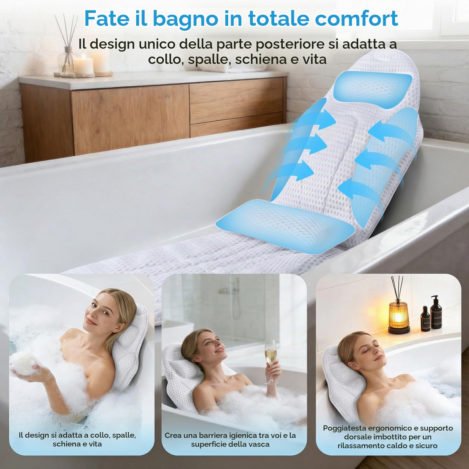 Set completo per vasca da bagno con cuscino lombare, 142 x 48 cm, morbido divano da bagno in rete 5D con ventose e poggiatesta, tappetino per vasca da bagno e tappetino spray (bianco)
