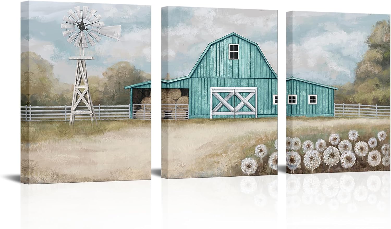 Visual Art Decor Farmhouse Wall Art Country Barn Windmill Painting Wall Decor Framed Artwork Farmhouse Landscape Wall Decor (Teal)