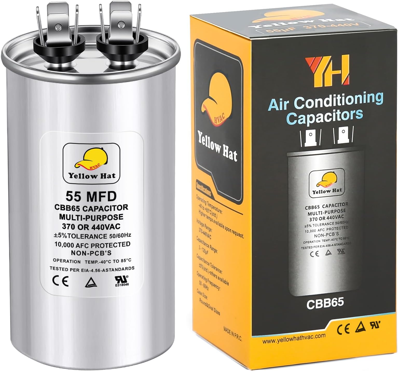 Capacitor for Air Conditioner 55 uf MFD 370 or 440 Volt VAC, Multi-Purpose Round Capacitor for AC Motor Run or Fan Motor Start or Condenser Straight