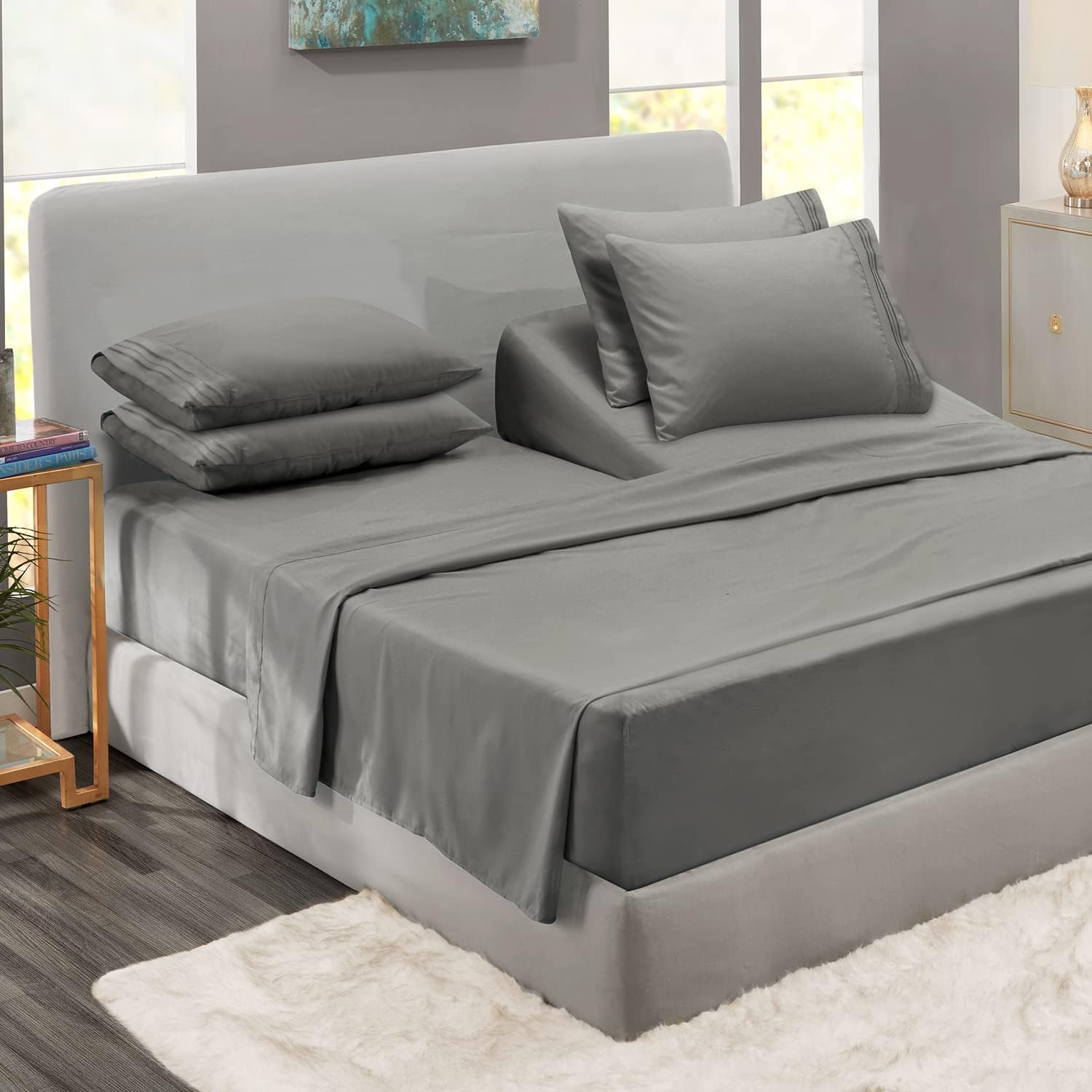 Clara Clark Flex Top King Sheets, 6 Piece Set - Hotel Luxury Sheets for Top Split King Bed, Super Soft Bedding Set, Head Split King Charcoal Gray