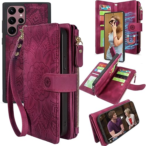 Harryshell Funda de cuero desmontable con cremallera magnética con bolsillo para monedas, 12 ranuras para tarjetas, correa de muñeca para Samsung