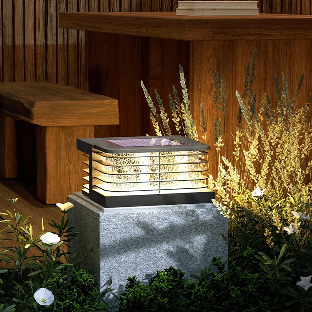 HZWJIA Stainless Steel Pillar Lamp Translucent Corrugated Acrylic Solar Pillar Cap Lamp IP65 Waterproof Pillar Head Lamp Gray Outdoor Waterproof Solar Pillar Lamp For Patio Garden Pillar LampSideLengt