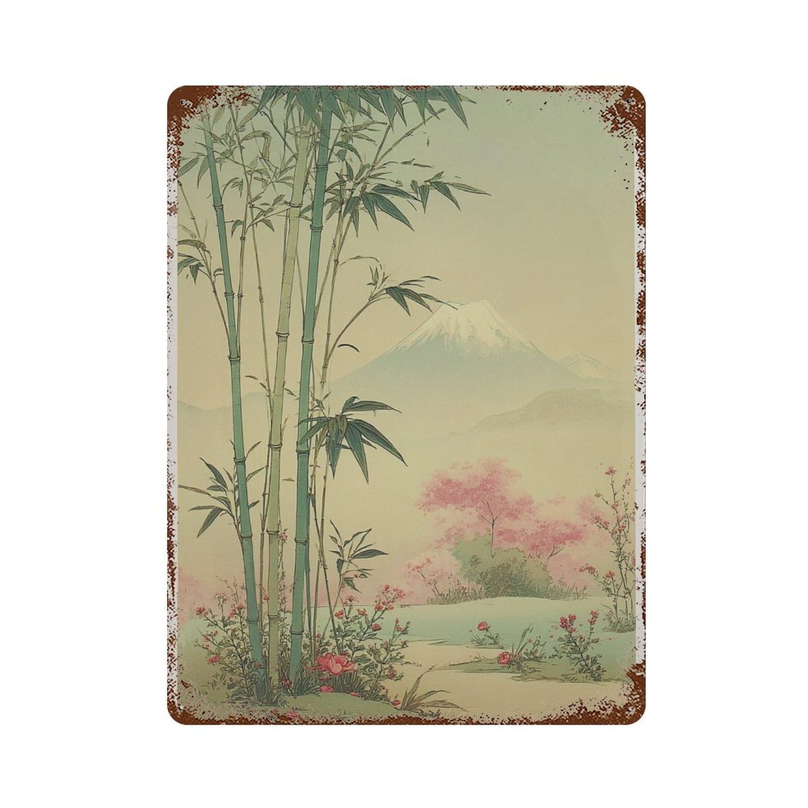 xiaoxiaoshen Japanese Bamboo Mount Fuji Landscape Traditional Asian Woodblock Living Room Wall Decor Art Metal Tin Poster Modern Home Decor Art Home Bar Shop Decorations Vintage Sign 40x30cm