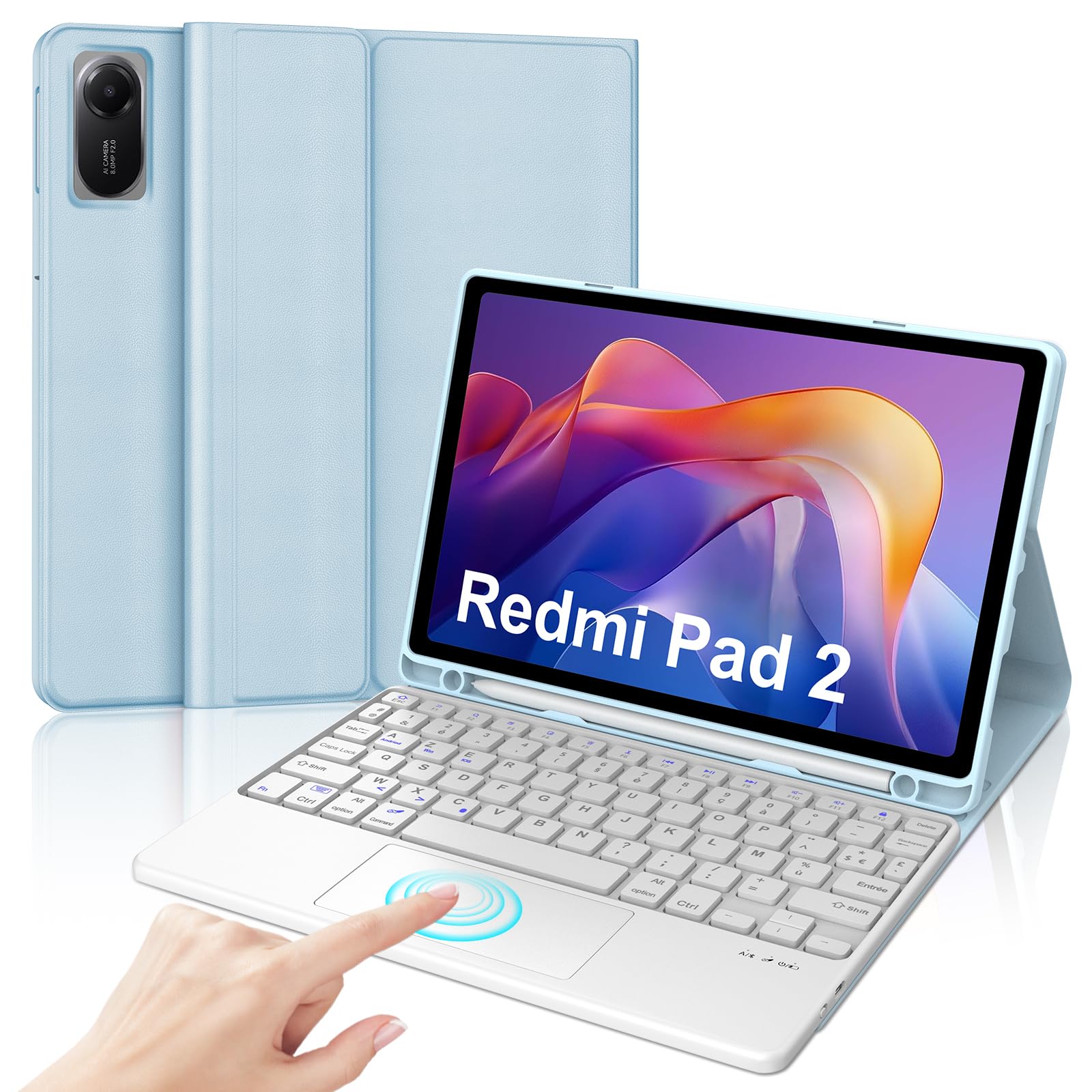 JADEMALL Clavier avec Trackpad pour Xiaomi Redmi Pad 2 11" 2025, AZERTY Français Clavier Bluetooth Magnétique Détachable avec Pavé Tactile pour Tablette Redmi Pad 2 11 Pouces 2025, Bleu Ciel