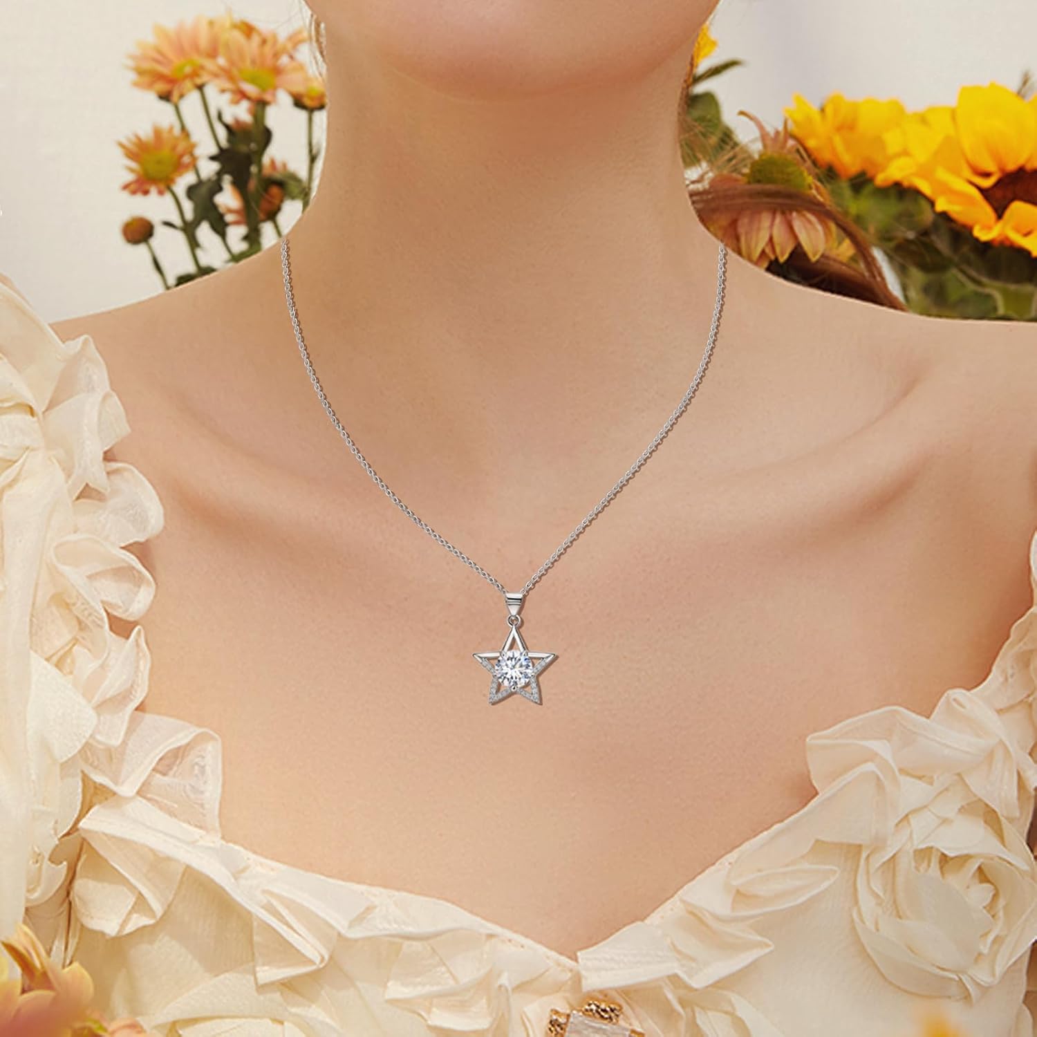 Star Necklace for Teens Women - Sterling Silver Hollow Star Pendant Necklace Hypoallergenic Round Cubic Zirconia Adjustable Stars Charm Necklaces Gifts for Daughter Granddaughter - Image 3