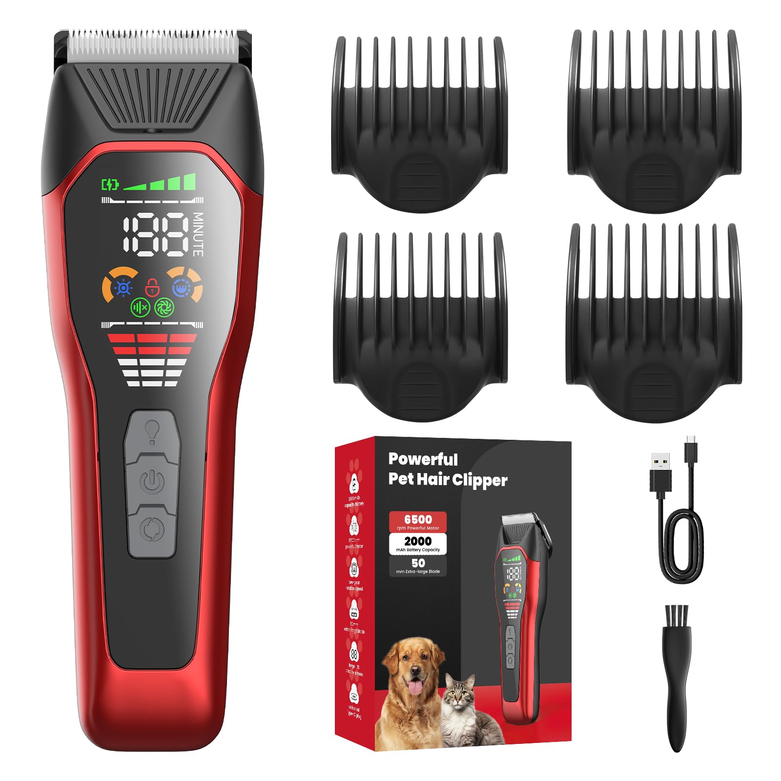 Electric Dog Clipper for Thick/HeavyCoat in 2 Working Speeds, LED Lights,Type-C Rechargeable Dog Grooming Clipper Shavers in Power Display, Dog Cat Trimer Grooming Kit for Matted Fur in Safety Lock