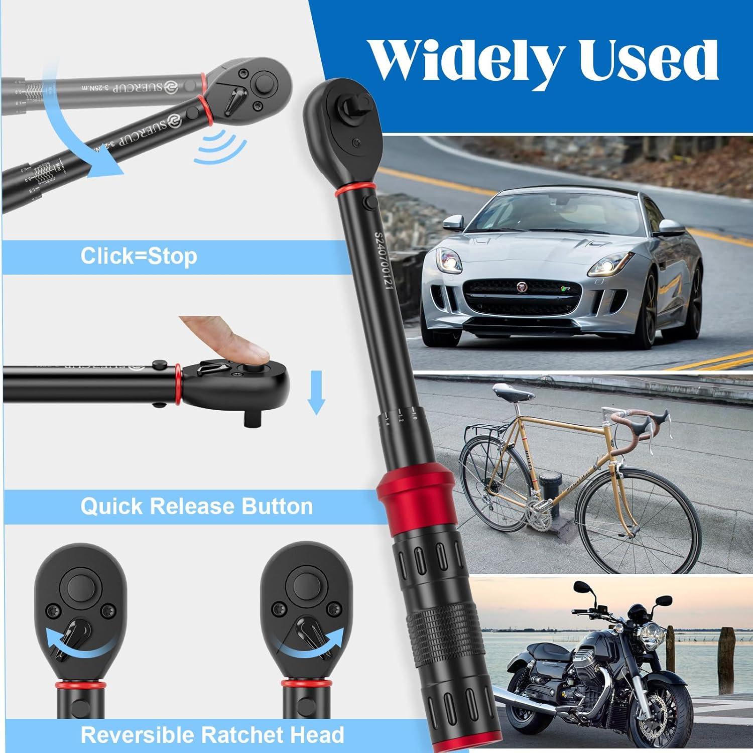 1/4" 50 PCS Torque Wrench Set, 3-25Nm 72 Tooth Drive Click Torque Wrench Set with S2 Bit Sockets, 1/4" Extension Bar and 3/8" Adapter, Used for Bicycle Maintenance and DIY