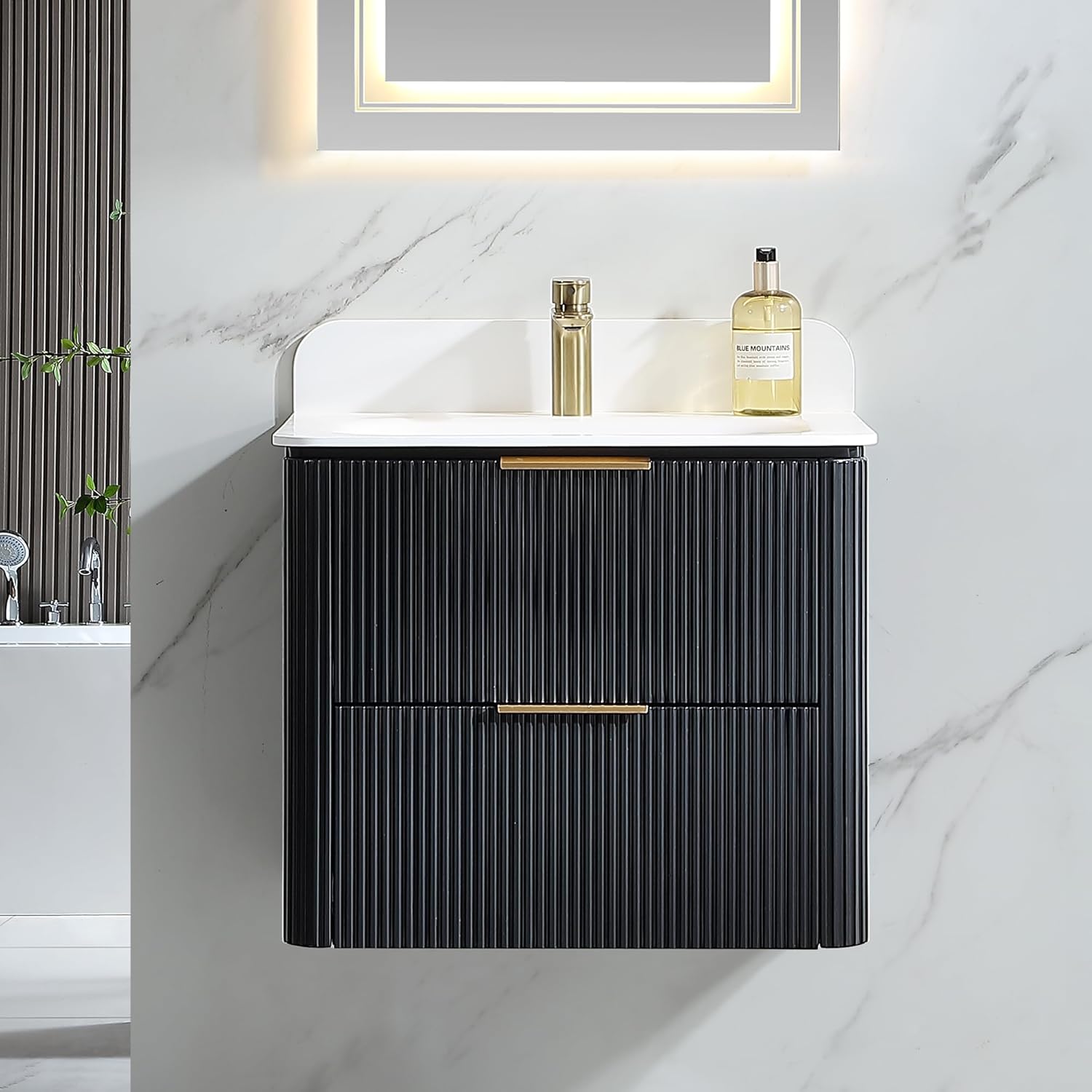 24 inch Floating Bathroom Vanity with Sink, Pre-Assembled, Wall Mounted Plywood Bathroom Storage Cabinet with Safety Rounded,2 Large Soft-Close Fluted Drawers & Metal Handles