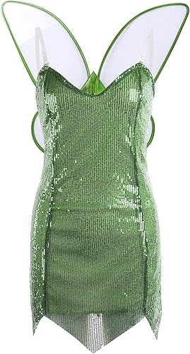 Miniatura 3 de SOLILOQUY Disfraz de hada Pixie para mujer, bonito vestido verde con ala, disfraz de Halloween, fiesta de cosplay