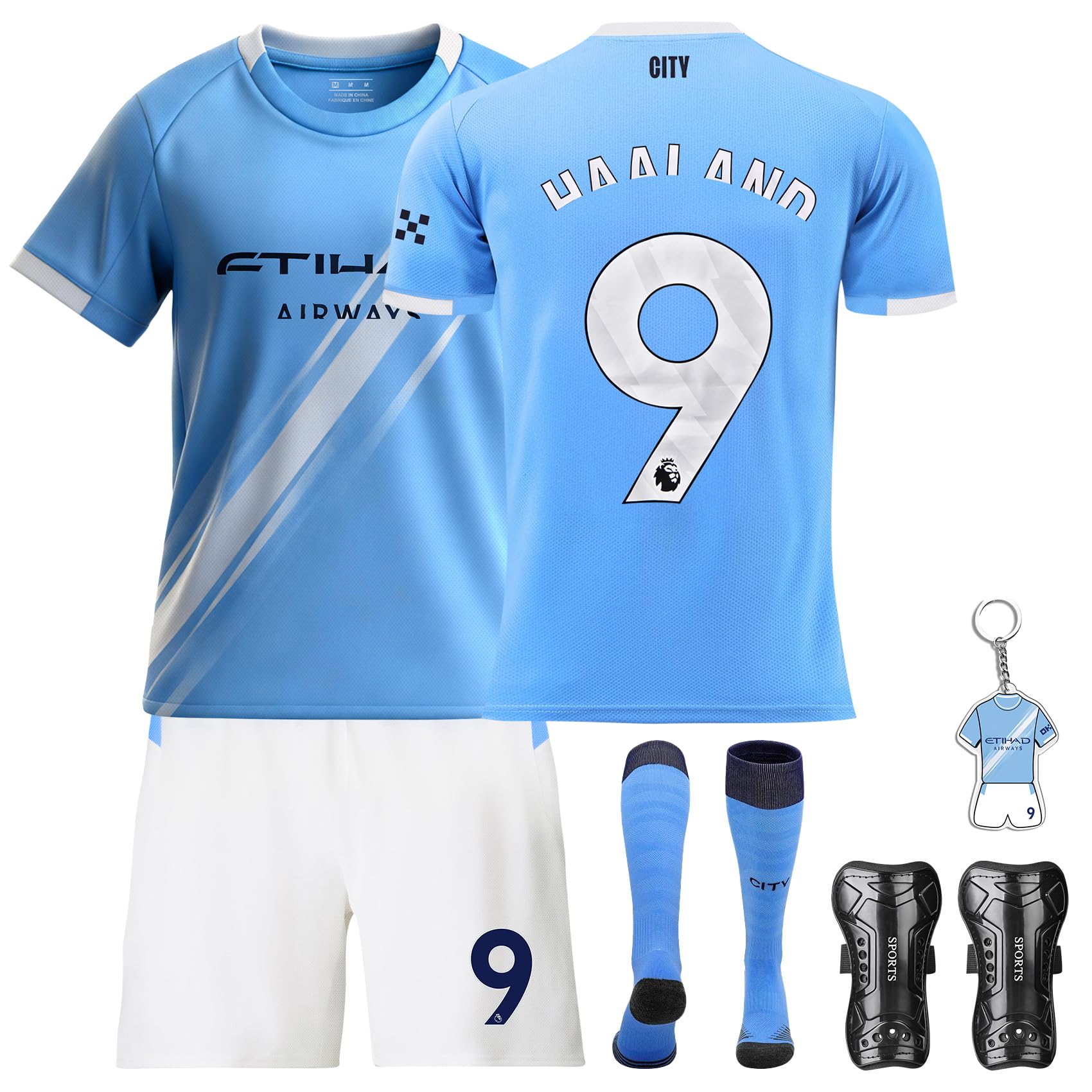 Camiseta de fútbol para niños, camiseta de fútbol con camiseta, pantalones cortos, calcetines y rodilleras, camiseta para niños y niñas