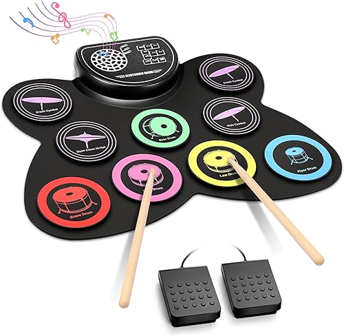 Anpro Juego de batería eléctrica, 9 almohadillas de batería con conector para auriculares, kit de batería electrónica enrollable con pedales de