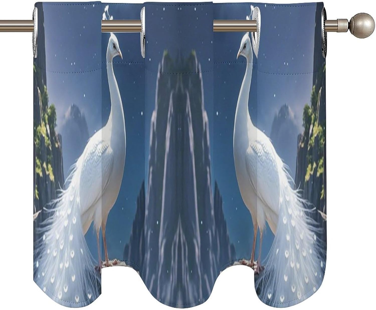 White Peacock and Moon Valance for Windows, 2 Pack Kitchen Curtains Modern Home Decor, Soft Blackout Window Curtains for Living Room & Bedroom, 18 X 52 Inch