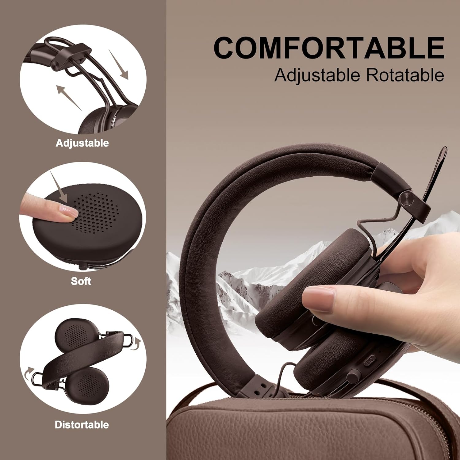 Active Noise Cancellation Wireless Bluetooth On-Ear Headphones:with - Hi Res Sound Up to 55H Battery Life, Lightweight, Comfortable, Foldable Design, for Home Office Travel, Dark Brown - Image 7
