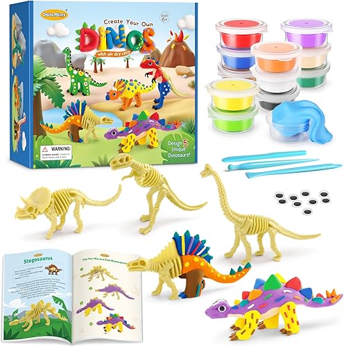 Drama Planet Kit de arcilla seca al aire de dinosaurio, crea 5 modelos de dinosaurios con 12 colores de arcilla de modelado, guía de instrucciones