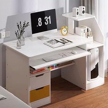 Easy Assemble Compact White Computer Desk: Multifunctional Home Office Desk with 2 Drawers, 3 Hutch Shelves, Wide Desktop Keyboard Drawer Wood Executive PC Study Table for Bedroom Whi