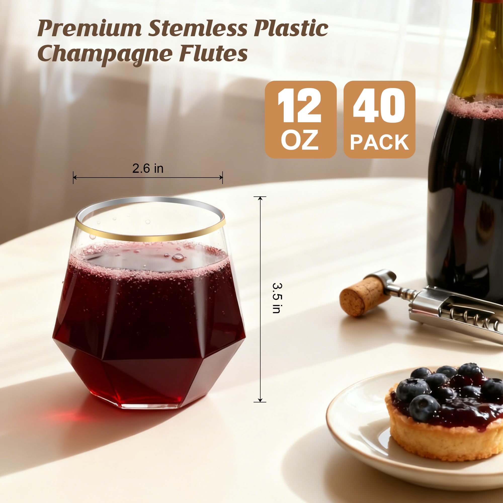 Einweg-Weingläser-Set, Kunststoff, 340 ml, Goldrand, 40 Stück, ohne Stiel, unzerbrechliches Design