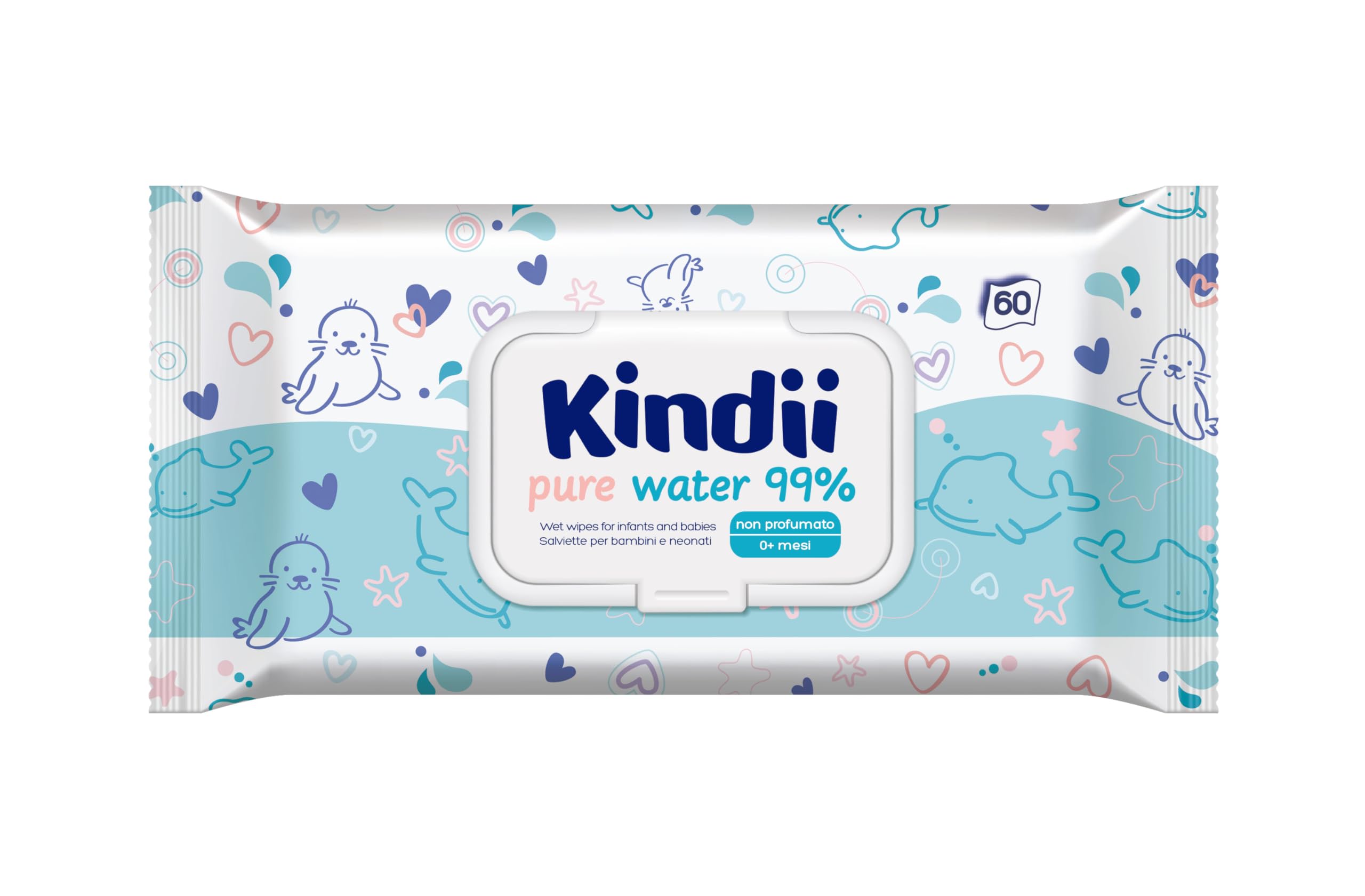 Kindii Salviette Umidificate Pure Water 99% - (60 Pz) Salviette - Composizione 99% Acqua, Allantoina, Senza Profumazione, Dermatologicamente Testate - 60 Pz