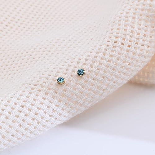 Miniatura 4 de Tiny Aquamarine Stud Earrings 14K Gold Plated 3mm Blue Stud Earrings for Women Hypoallergenic Round Birthstone Post Earrings for Gift