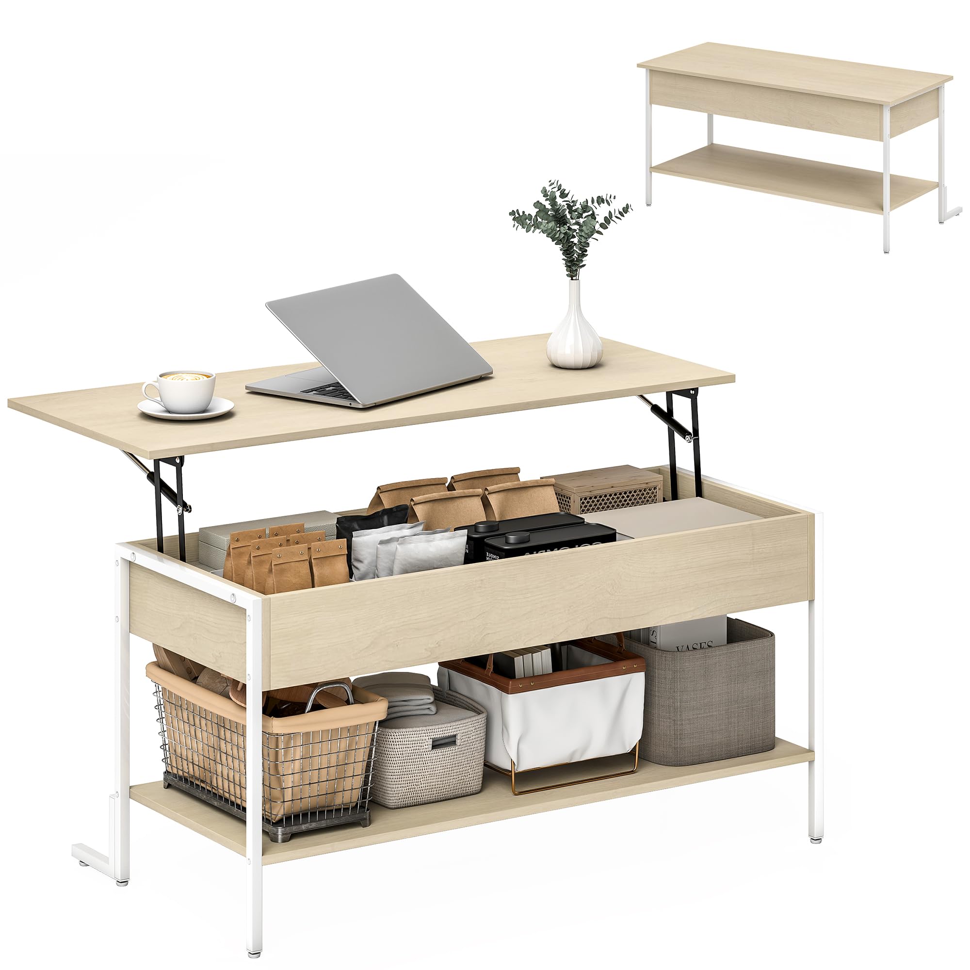 HOMCOM Mesa de Centro Elevable Cierre Suave 95x40x59 cm Natural y Blanco | Mesa de Café, Espacio Oculto de Almacenaje, Estante Abierto
