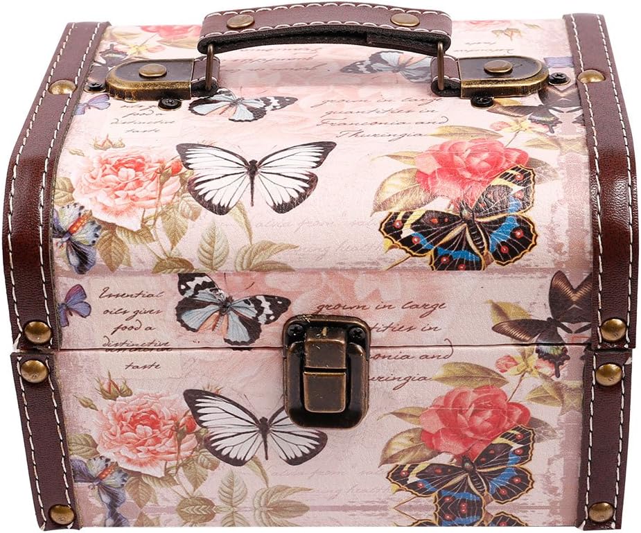 WaaHome Butterfly Wooden Treasure Boxes Decorative Jewelry Keepsakes Box Kids Girls Women Gifts,Pink (7.1'X5.6'X4.7')