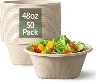 Homestockplus 48oz Compostable Disposable Bowls - Heavy Duty Sugarcane Bamboo Fiber, Microwave Safe Large Bowls for Soup Salad Parties, 50 Pack
