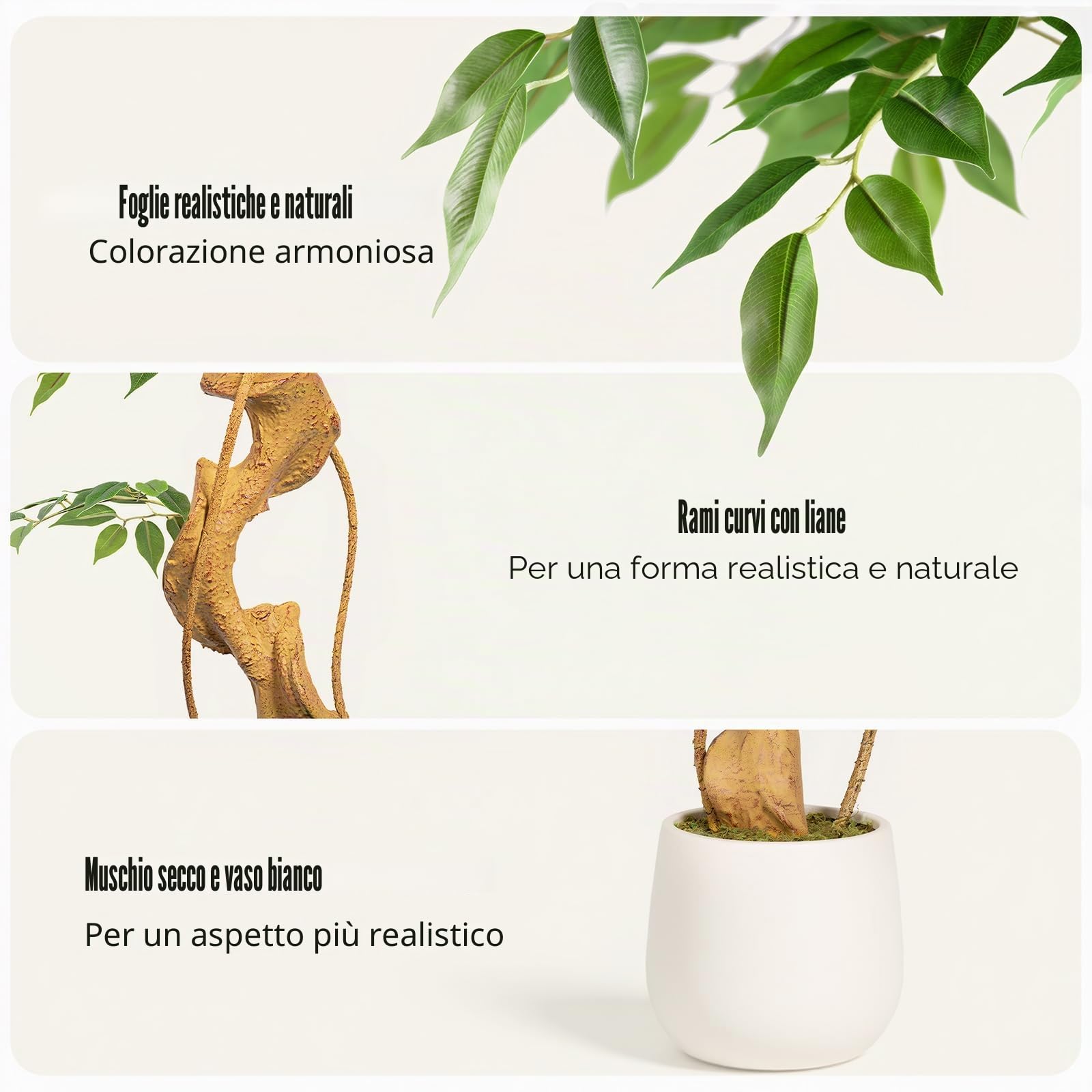 Pianta artificiale, albero di ficus, 120 cm, con vaso bianco, grande come reale, con tronco curvo e 930 foglie, albero artificiale per decorazione di interni, soggiorno, camera da letto