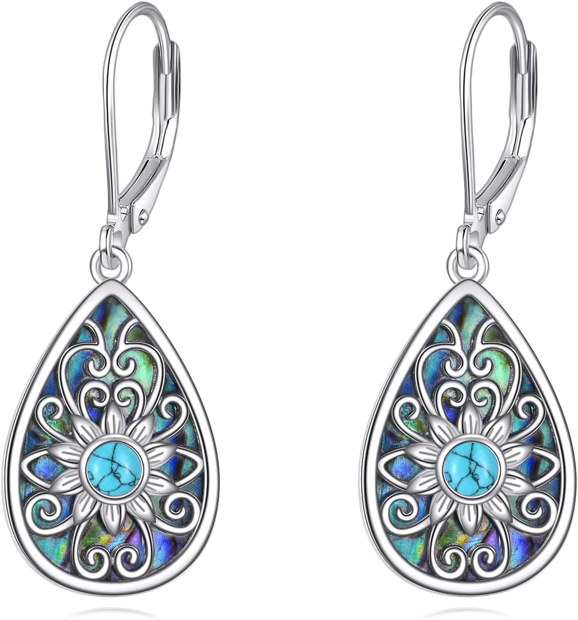 Filigree Dangling Earrings Sterling Silver Teardrop Abalone Shell/Turquoise Drop Dangle Earring Filigree Leverback Gifts for Women