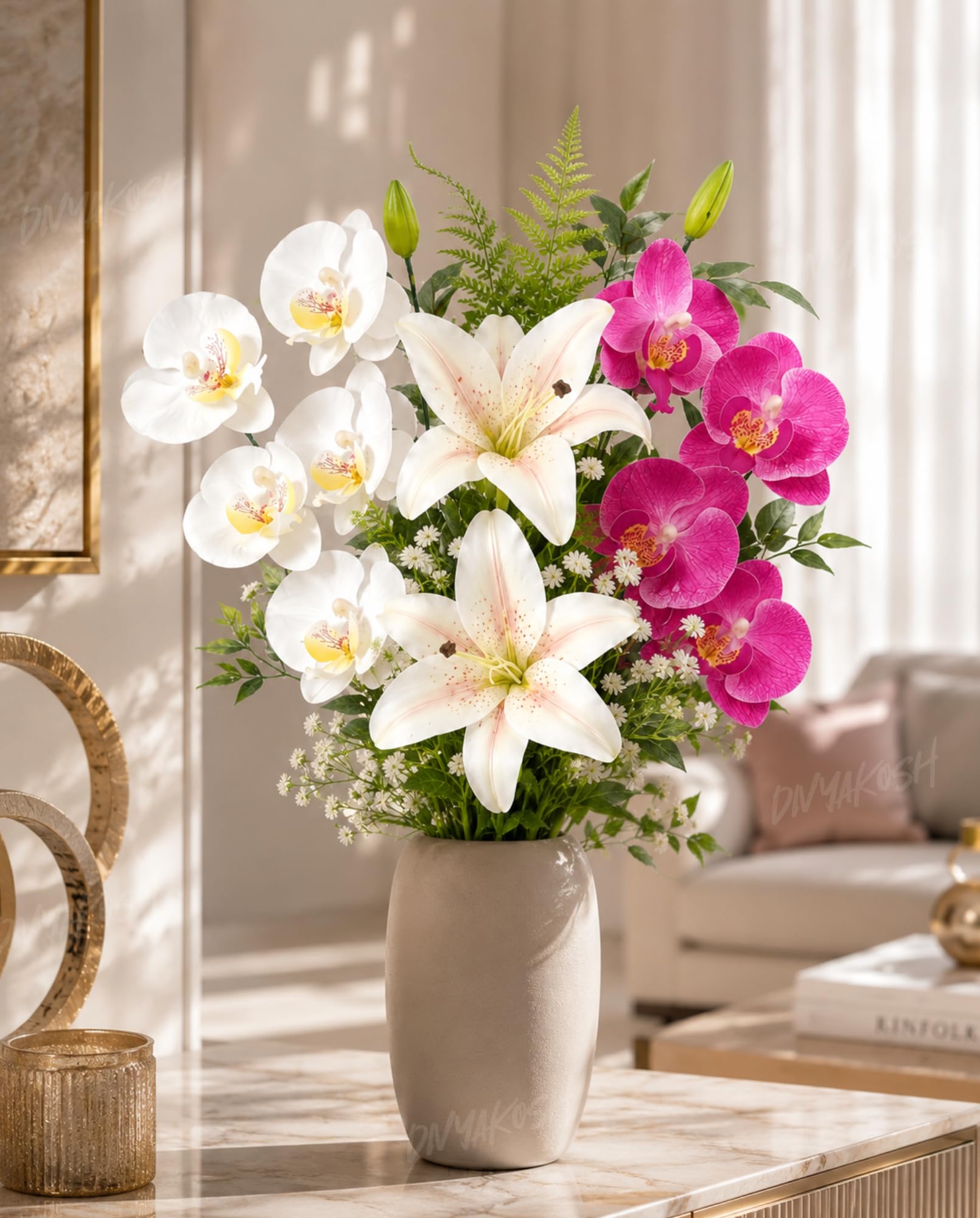 Divyakosh Artificial Flowers Bunch (Vase Not Included). Artificial Flower for Vase, Flower Bouquet Gift with Orchid & Lily Pink White Arrangement for Living Room, Table, Centerpiece, Decor