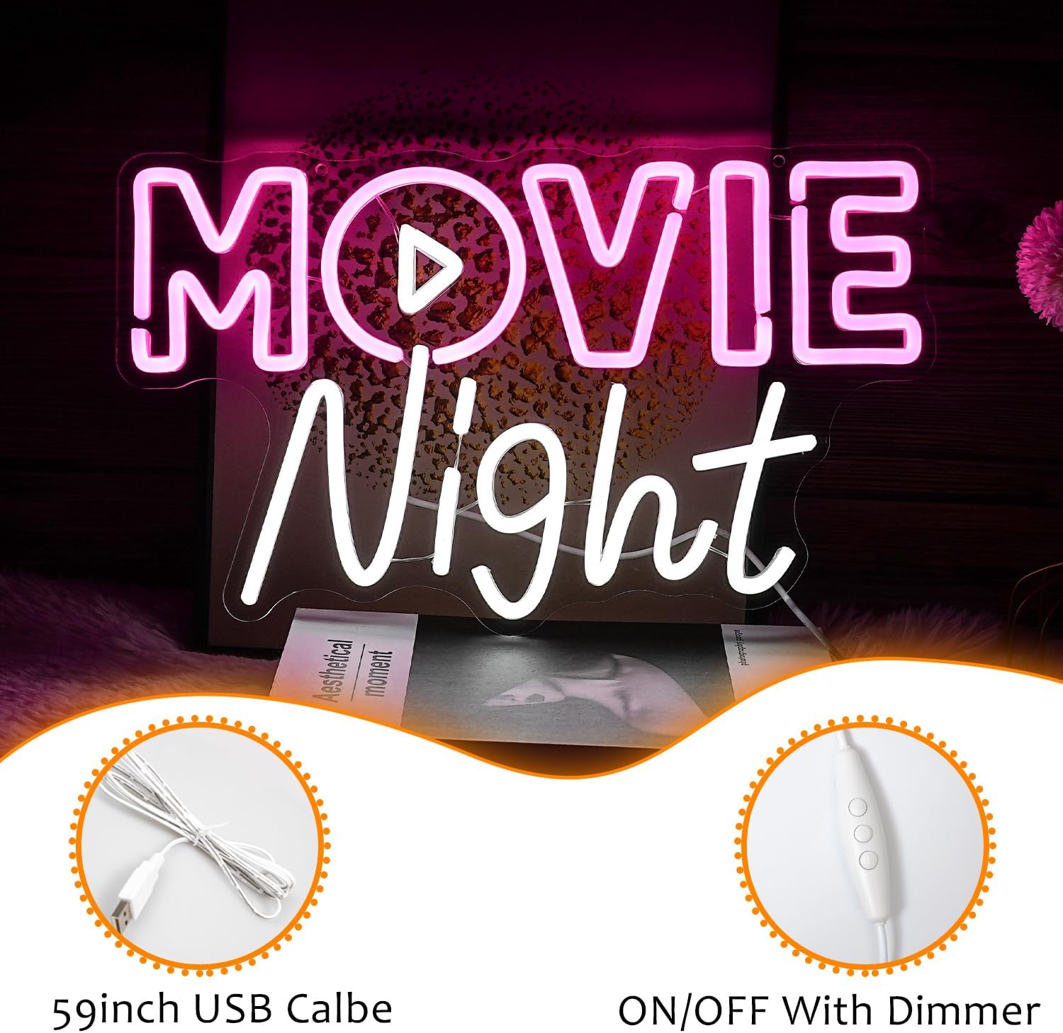 Movie Night Neon Sign LED Pink White Neon Light for Wall Decor Dimmable USB Cinema Led Neon Sign for Theater Film Room Party Decor Man Cave Boys Gift(16.5’’X9.8’’) - Image 3