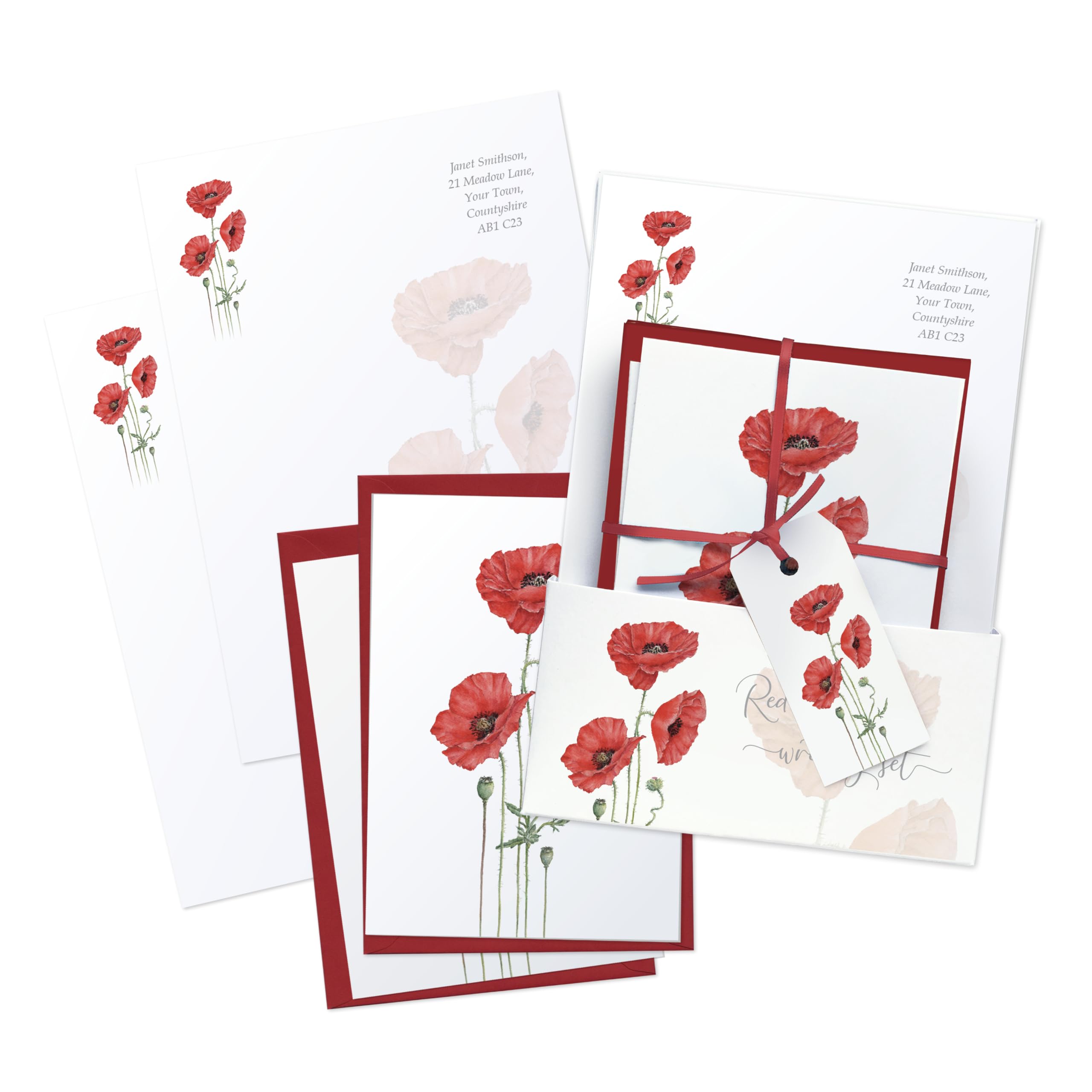 Personalised Red Poppy Writing Set with Paper, Envelopes and Notelets
