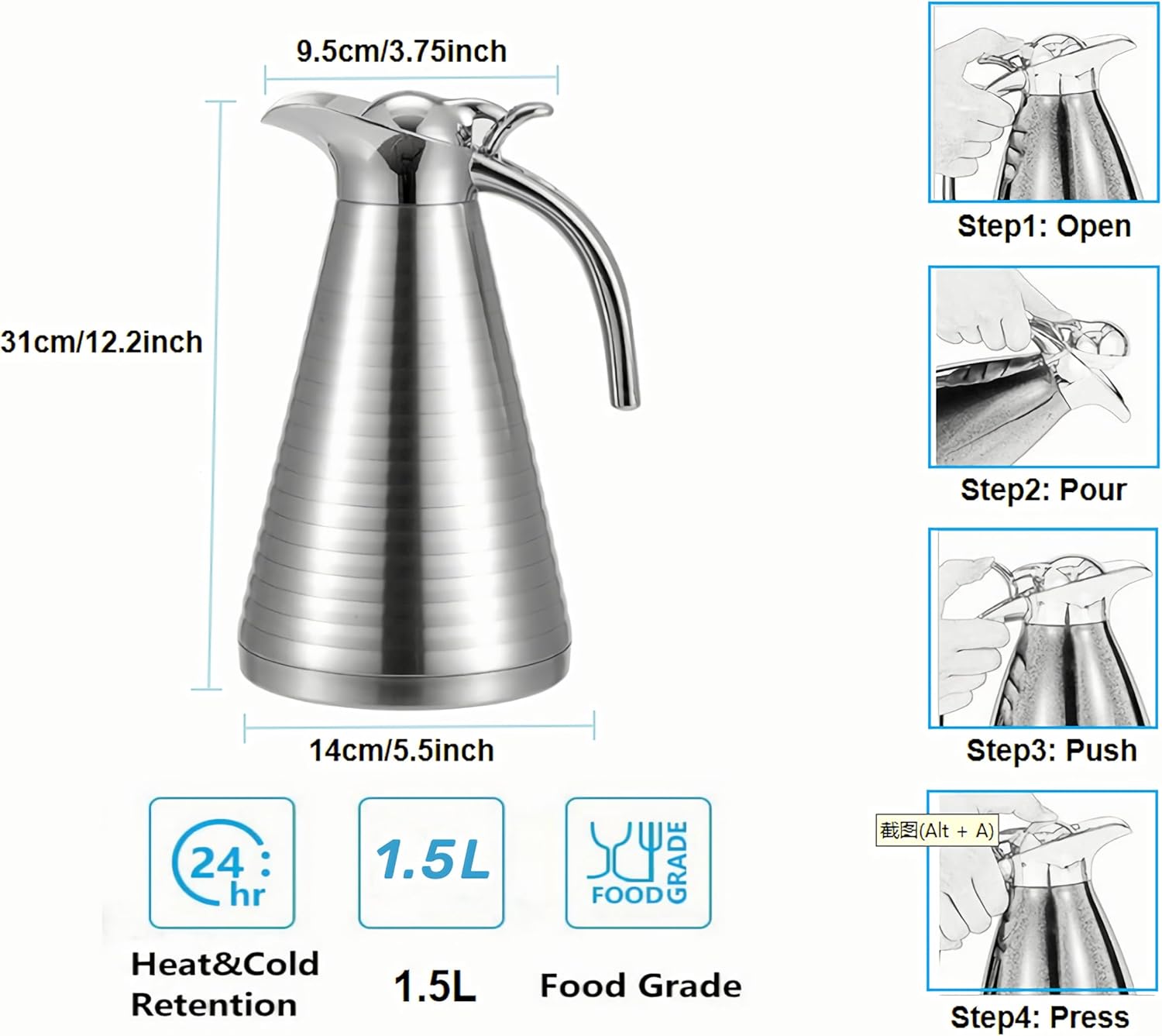 Thermal Coffee Carafe,51oz/8Cups Stainless Steel Vacuum Thermal Pot,Double Walled Vacuum Flask,12-hour Heat and 24-hour Cold Retention Water,Coffee Dispenser and Beverage Dispenser Pot,Great Gift