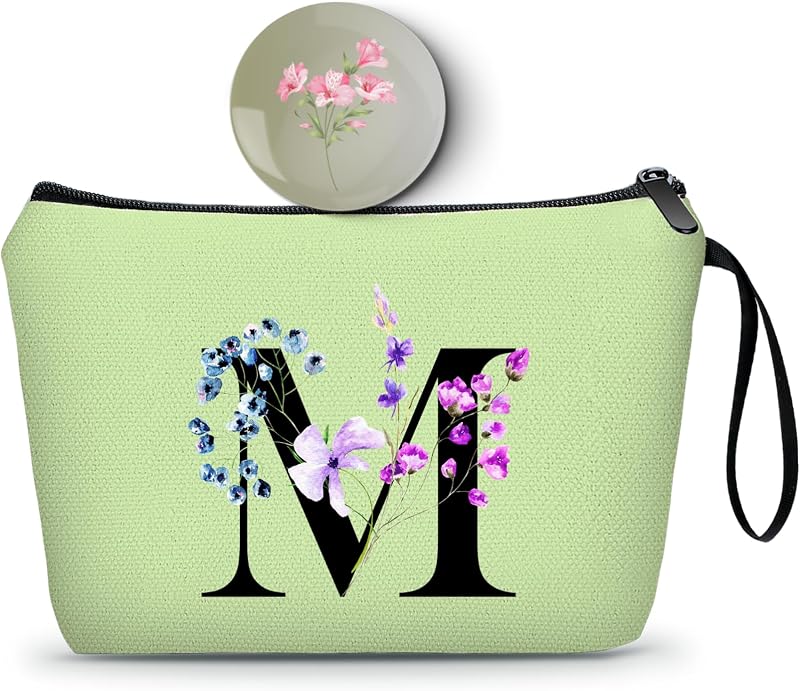 Necessaire de maquiagem SEAMOON verde com espelho, letra M