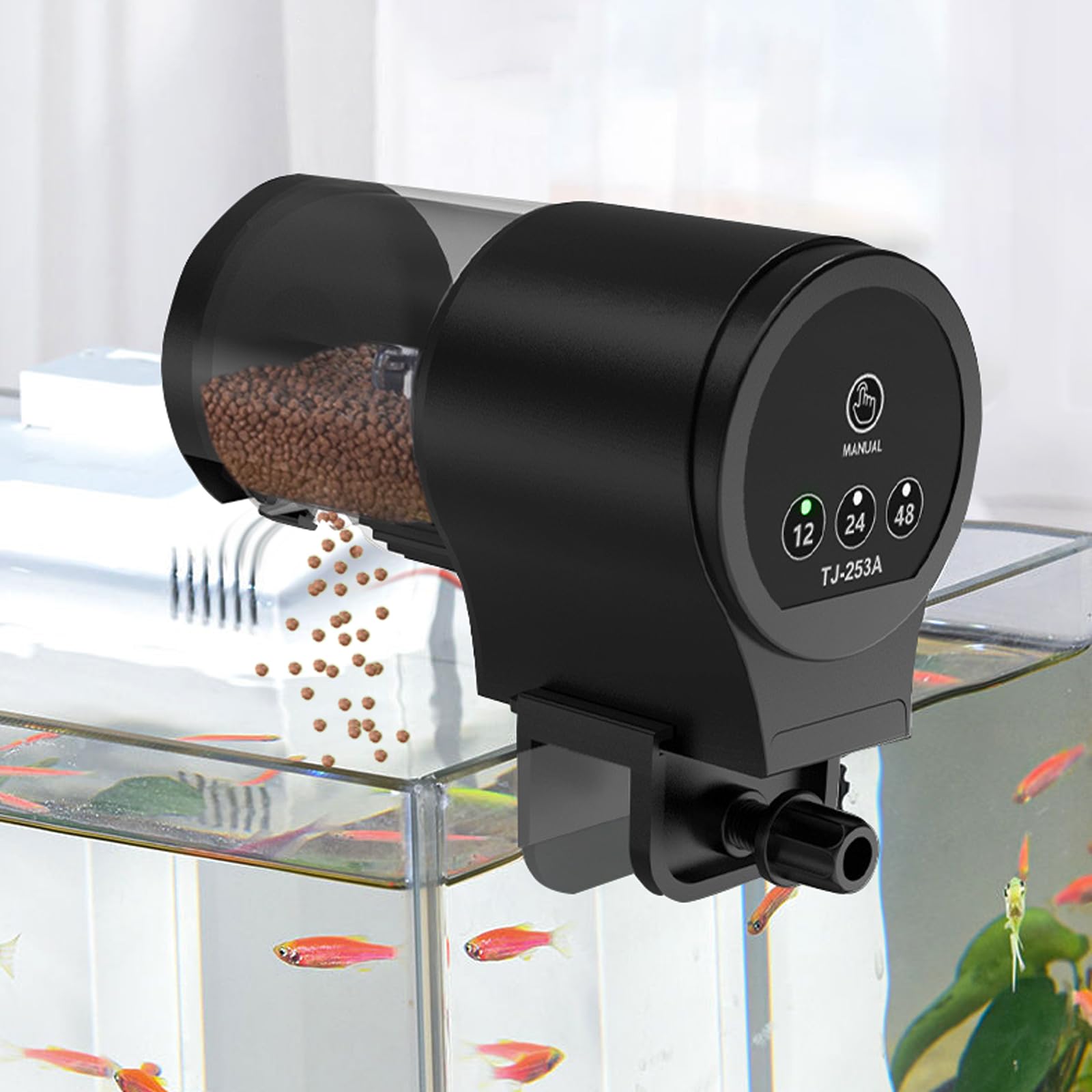 Distributore automatico per pesci GERUI: capacità di 100 ml, distributore di alimentazione per pesci resistente all'umidità per acquario, serbatoio per pesci
