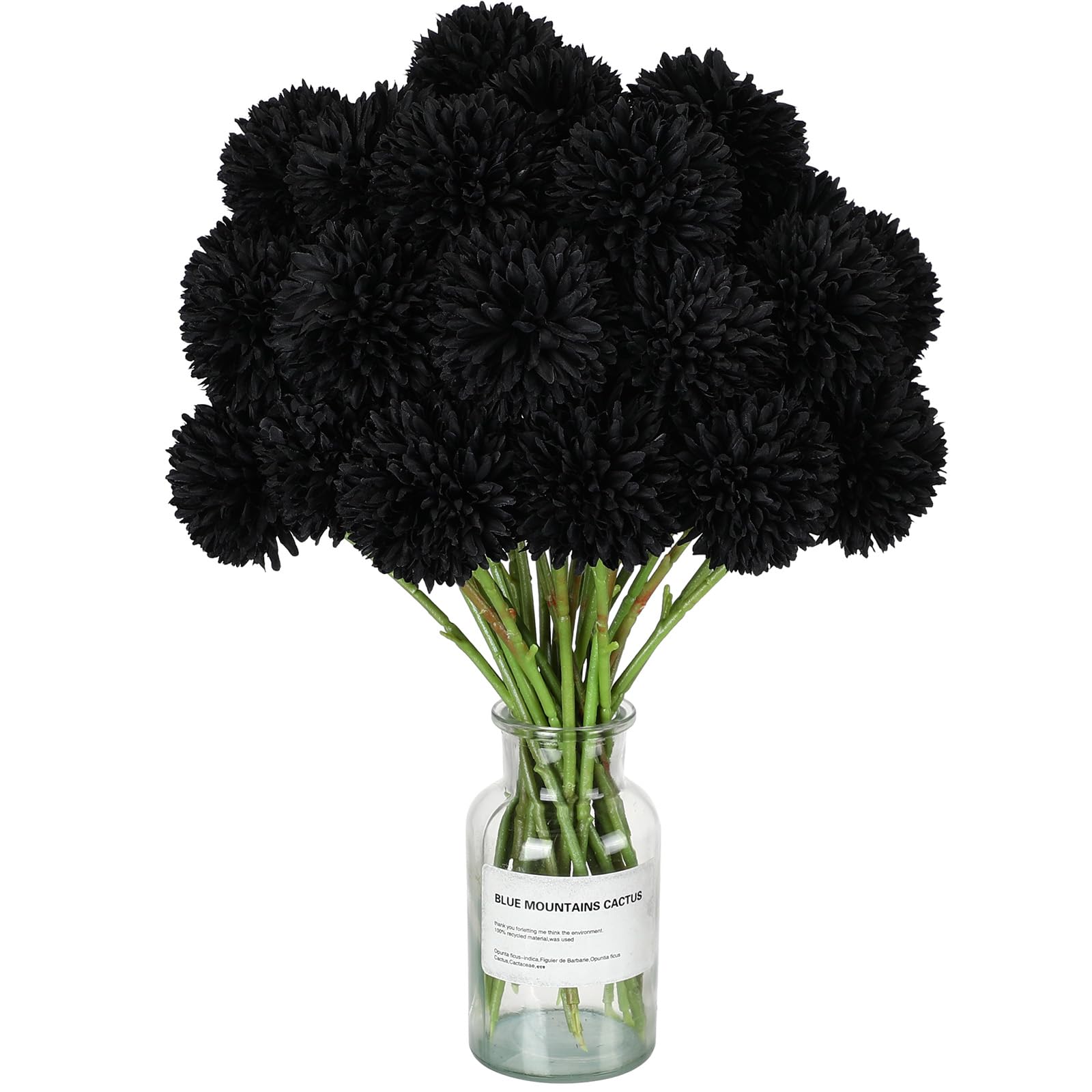 XunYee 30 Pcs Black Flowers Fake Halloween Black Artificial Flowers with Stems 2.76'' Large Plants Faux Silk Chrysanthemum Ball Flowers Hydrangea Bouquet Wedding for Centerpiece Party Decoration