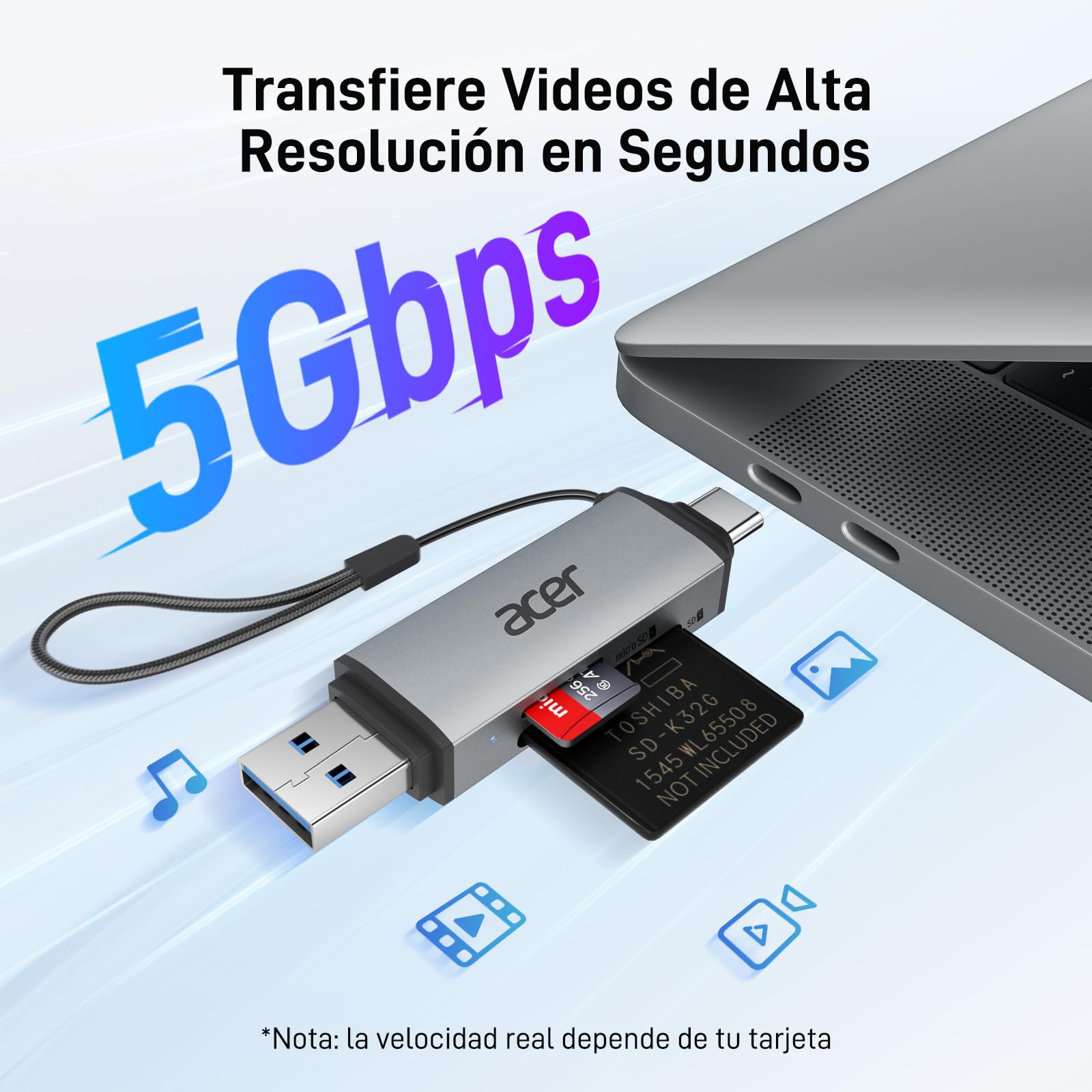 acer Lector de Tarjetas SD/Micro SD, Adaptador de Lector Tarjetas USB C y USB 3.0 Dual Conector, Compatible con SD/Micro SD/SDHC/SDXC/MMC para iPhone 15/16 Pro MAX, MacBook Air/Pro, Galaxy S25, etc.