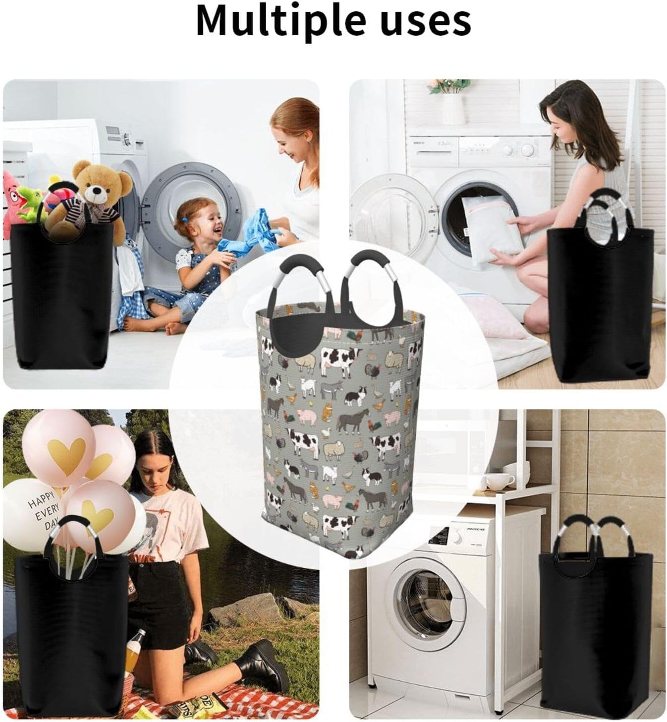 Farm Animals Laundry Basket Cow Foldable Laundry Hamper Pig Collapsible Laundry Baskets with Handles Clothes Hamper Laundry Tote Bag for Dorm Family Storage Bin 50L