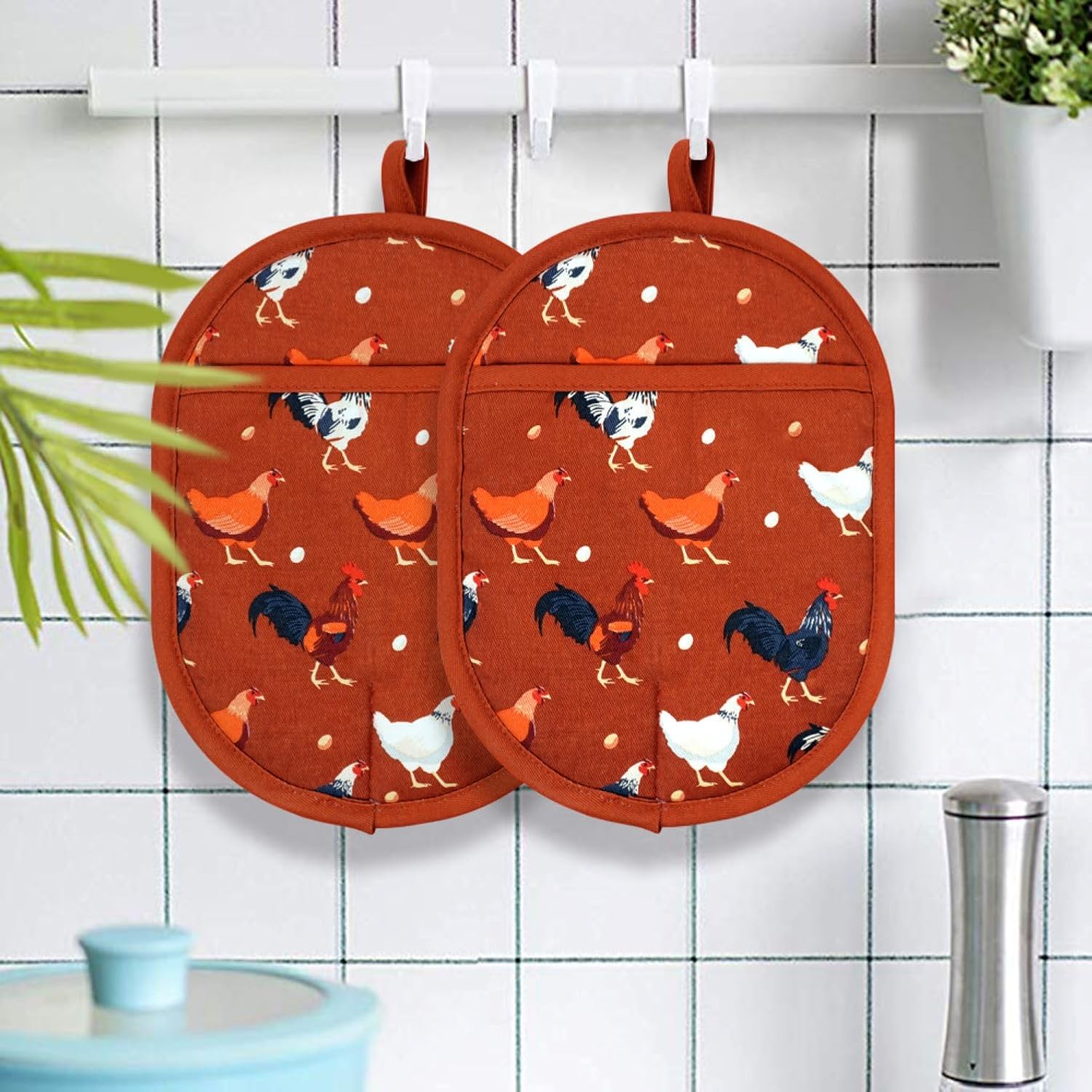 Pot Holders Set of 2 with Transparent Clear Silicone Shell and Nice Dog Flower Cotton Lining, Heat Resistant to 500 F Kitchen Oven Gloves Pot Holder for Cooking (Rooster, Potholders) - Image 7