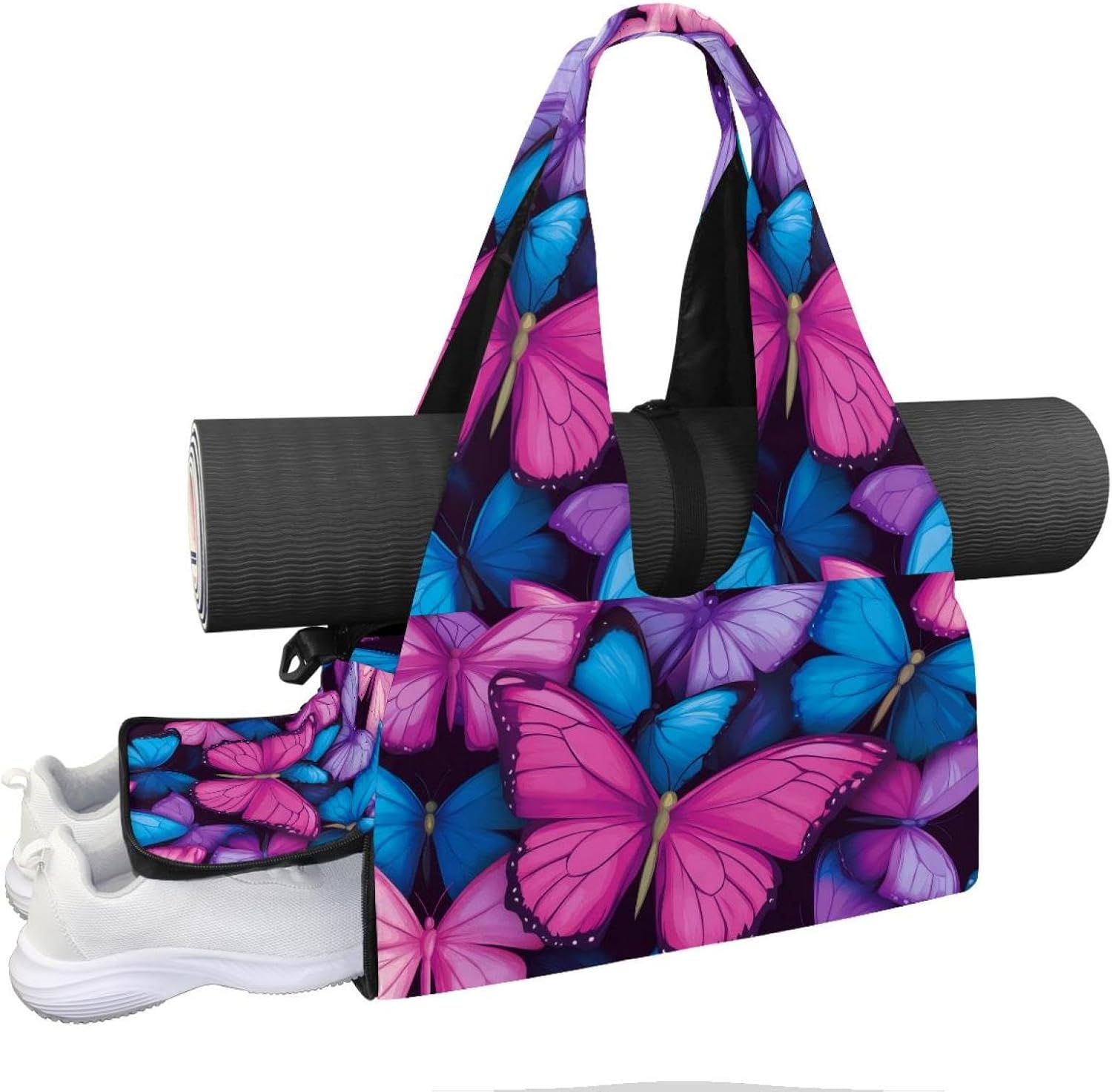 Yoga Mat Bag, Gym Workout Bag with Shoe Compartment, Butterfly Pilates Bag for Women, Quick Access Storage Yoga Tote Bag for Sports Travel Office