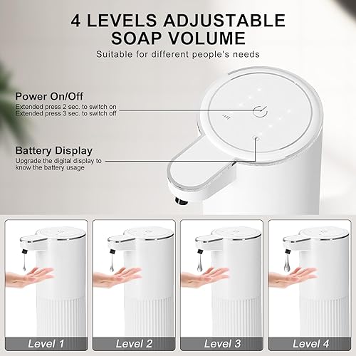 Miniatura 3 de Dispensador automático de jabón líquido, dispensador de jabón de manos recargable sin contacto de 12.2 onzas, 4 niveles ajustables con pantalla,