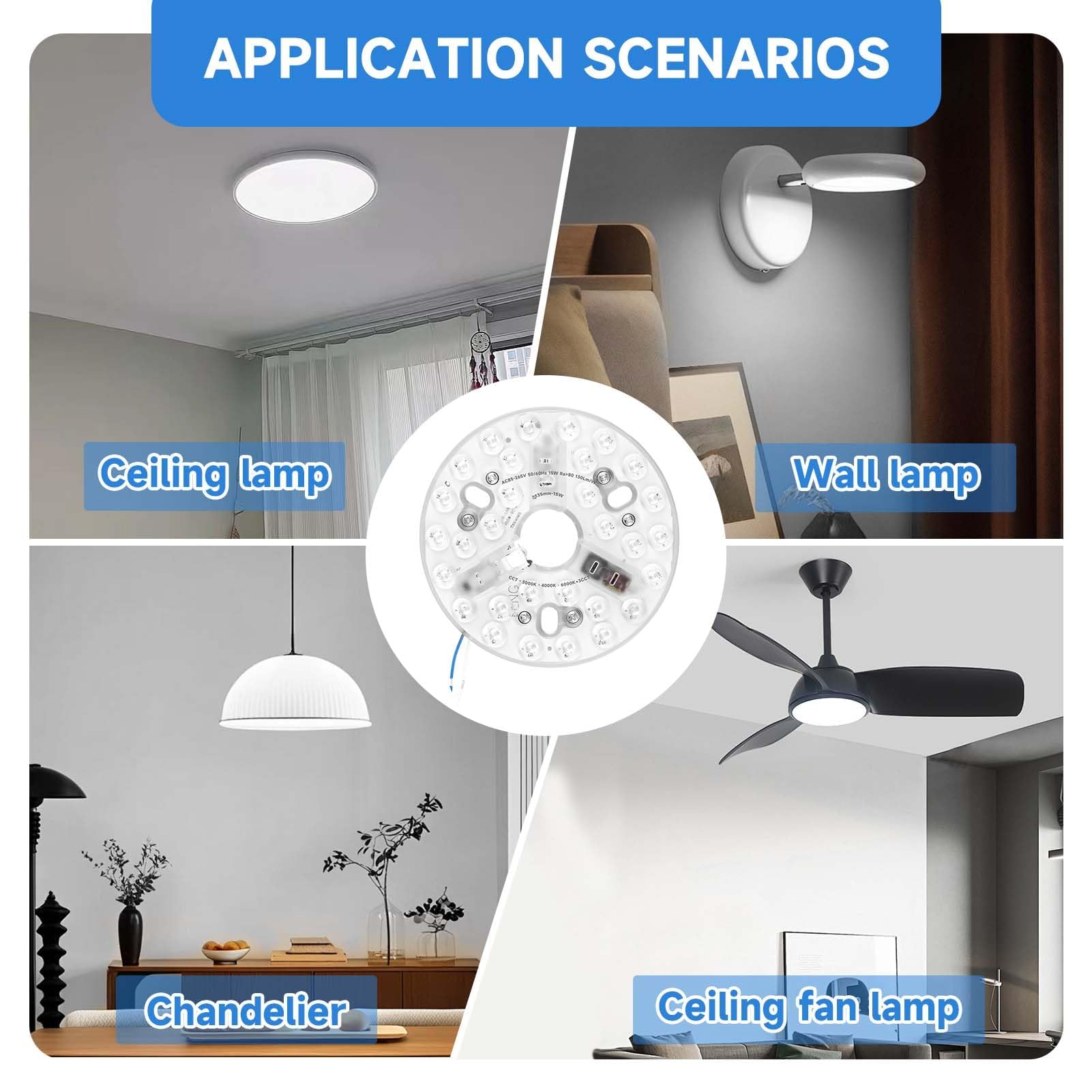 Kit de Recambio Luz LED 15W para Ventilador de Techo 5.3, Panel Redondo 3CCT 3000/4200/6500K con Memoria, Base de Aluminio 85–265V, Repuesto Universal para Modernizar Lámparas y Ventiladores