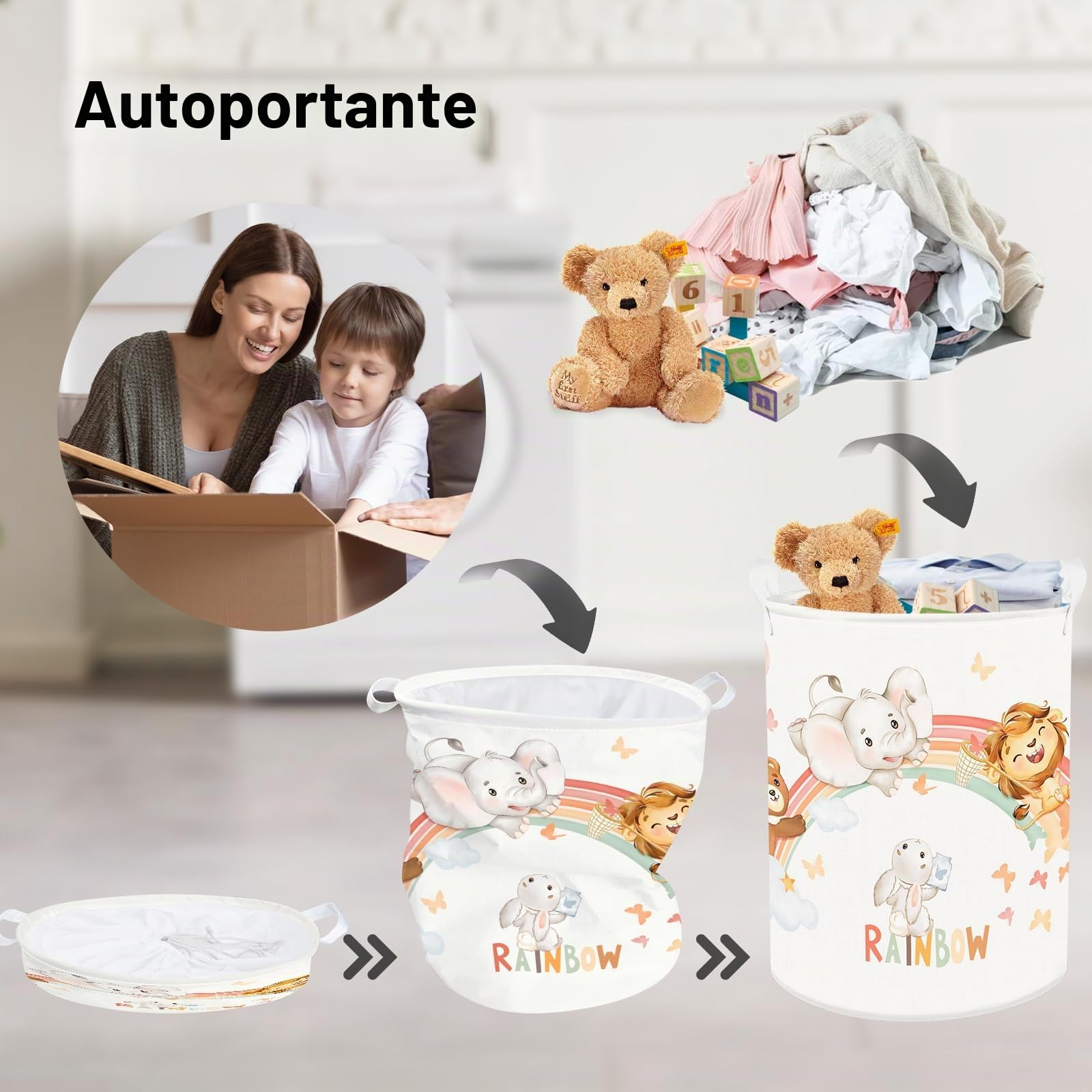 Clastyle Ceste Biancheria Bambini Animale Addormentato Cestino Giocattoli Vestiti Impermeabile per Ragazzo Ragazza Cestino Portaoggetti per Bagno Cameretta Bucato, Arcobaleno, 40x50 cm