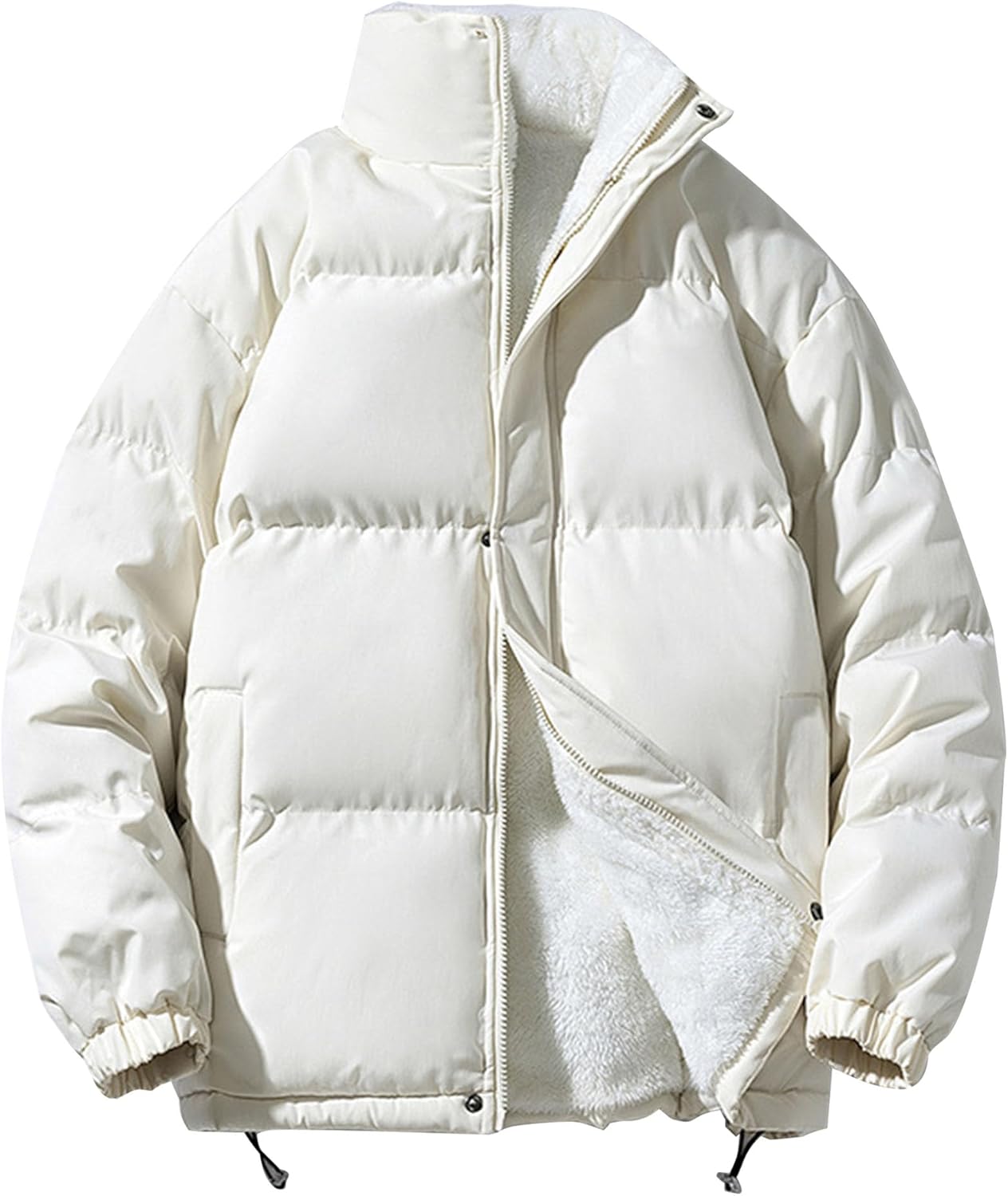 Men's Stand Collar Padded Jacket Solid Color Zip Up Winter Warmth Coat Sherpa Lined Casual Qulited Outwear
