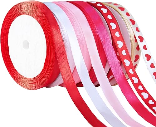 6 rollos de cintas de 150 yardas para el día de San Valentín para envolver regalos, corazones de San Valentín, cintas de satén impresas de