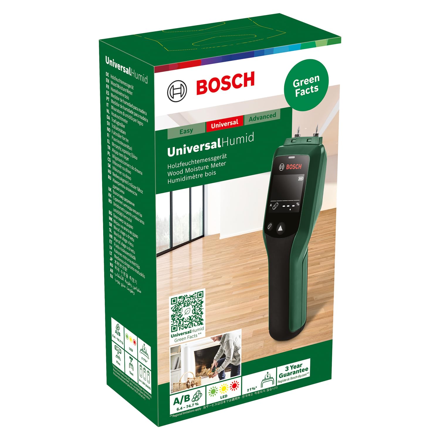 Bosch Medidor de Humedad UniversalHumid (resultados precisos gracias a la selección del grupo de madera y LED de indicación para una interpretación sencilla de los resultados, en caja de cartón)